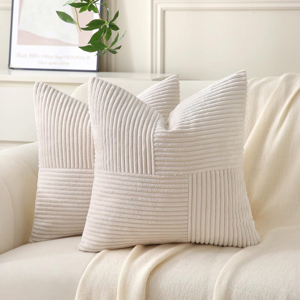 1828 Beige Throw Pillow Covers 14x14 inch,Pack of 2 Soft Corduroy Cushion